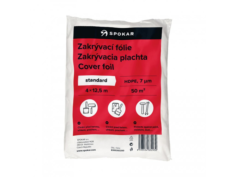 Zakrývacia fólia s rozmermi 4 x 5 m chráni pred farbou, prachom či vlhkom. Hrúbka fólie je 7 my (mikrónov). 1